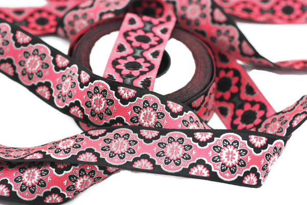 25 mm Neon Pink Floral ribbon, Jacquard ribbon, 0.98inch, Decorative ribbon, Craft Ribbon, Jacquard trim, costume ribbon, sewing trim, 25707