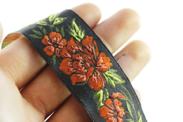 25 mm Orange / Black Floral Jacquard trim (0.98 inches, vintage Ribbon, Decorative Craft Ribbon, Floral Jacquard Ribbon, Trim, ribbon, 25096