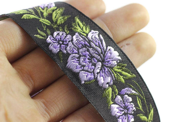 35 mm Lilac / Black Floral Jacquard trim (1.37 inches, vintage Ribbon, Decorative Craft Ribbon, Floral Jacquard Ribbon, curtain trim, 35096