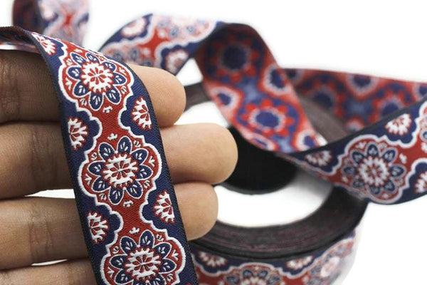 25 mm Red Floral ribbon, Jacquard ribbons, 0.98 inches, Decorative ribbon, Craft Ribbon, Jacquard trim, costume ribbon, sewing trim, 25707