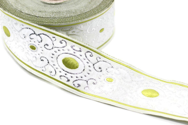 35 mm Green/white authentic Jacquard ribbons (1.37 inches), woven ribbon, authentic ribbon, Sewing, Scroll Jacquard trim, 35805