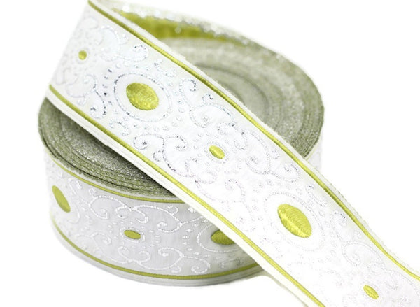 35 mm Green/white authentic Jacquard ribbons (1.37 inches), woven ribbon, authentic ribbon, Sewing, Scroll Jacquard trim, 35805