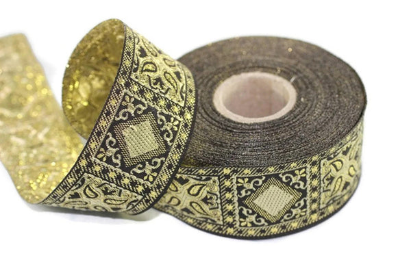 25 mm Yellow Geometric Jacquard trim (0.98 inches), vintage Ribbon, Decorative Craft Ribbon, Sewing, Jacquard ribbon, Trim, 25587