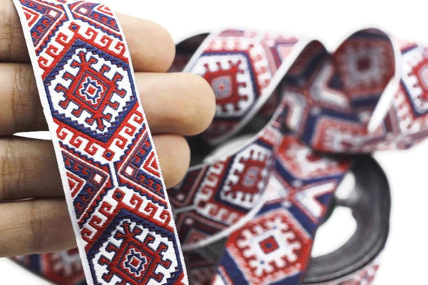 25mm Red embroidered ribbon, Jacquard ribbon, 0.98inc, Decorative ribbon, Craft Ribbon, Jacquard trim, costume ribbon, sewing trim, 25708