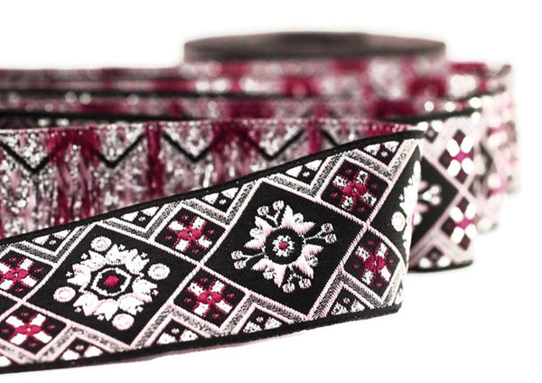 25 mm Black/Poudre Geometric Ribbon (0.98 inches), Geometric trim, jacquard trim, craft supplies, vintage trim, jacquard ribbon, 25975