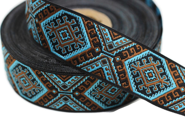25mm Blue/Brown embroidered ribbon, Jacquard ribbon, Decorative ribbon, Craft Ribbon, Jacquard trim, costume ribbon, sewing trim 25708