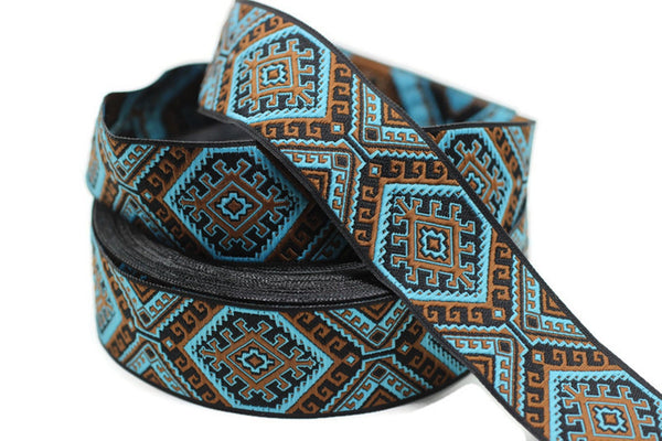 25mm Blue/Brown embroidered ribbon, Jacquard ribbon, Decorative ribbon, Craft Ribbon, Jacquard trim, costume ribbon, sewing trim 25708