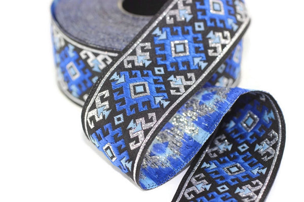 35 mm Snowy metallic Blue/Silver jacquard ribbons 1.37 inches, Snowy embroidered trim, woven trim, woven jacquards, woven border, 35953