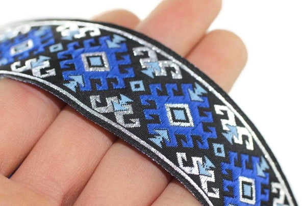 35 mm Snowy metallic Blue/Silver jacquard ribbons 1.37 inches, Snowy embroidered trim, woven trim, woven jacquards, woven border, 35953