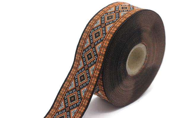 35 mm Blue&Orange Geometric Motif Ribbon (1.37 inches), Vintage Jacquard, Sewing Trim, Huge Trim, Large ribbon, making curtain, 35996