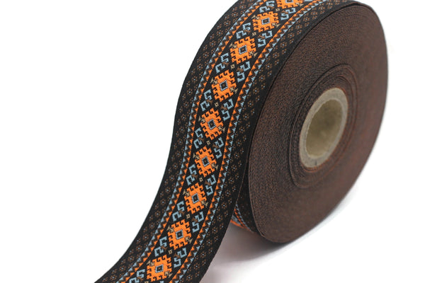 35 mm Blue&Orange Mosaic Motif Jacquard Ribbon (1.37 inches), Vintage Jacquard, Sewing Trim, Large ribbon, jacquard ribbon, 35997