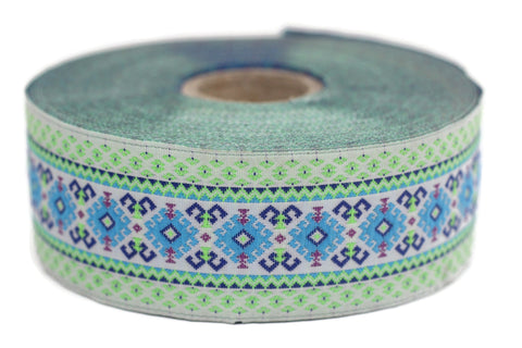 35 mm Blue&Light Green Mosaic Motif Jacquard Ribbon (1.37 inches), Vintage Jacquard, Huge Trim, Large ribbon, jacquard trim, 35997