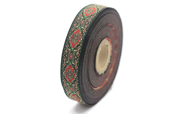 18 mm green Medieval Motive Woven Border (0.70 inches), jacquard ribbon, Embroidered ribbon, Sewing trim, Scroll Jacquard trim, 18589