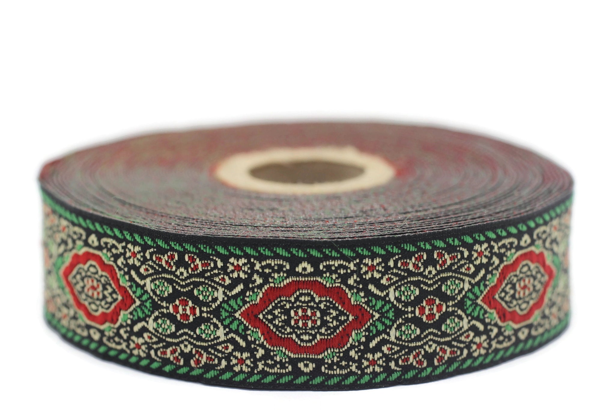 25 mm Green Medieval Motive Woven Border (0.98 inches), jacquard ribbon, Embroidered ribbon, Sewing trim, Scroll Jacquard trim, 25589