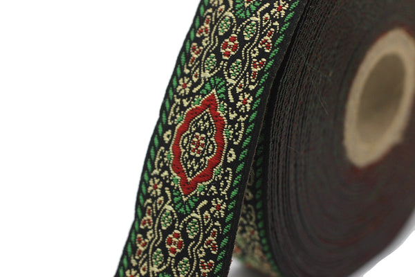 25 mm Green Medieval Motive Woven Border (0.98 inches), jacquard ribbon, Embroidered ribbon, Sewing trim, Scroll Jacquard trim, 25589