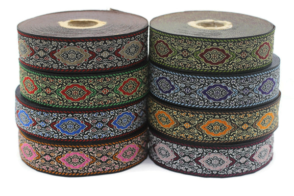 25 mm Green Medieval Motive Woven Border (0.98 inches), jacquard ribbon, Embroidered ribbon, Sewing trim, Scroll Jacquard trim, 25589