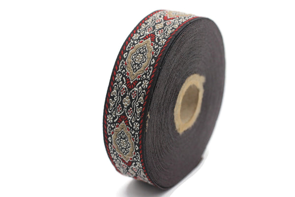 25 mm Red Medieval Motive Woven Border (0.98 inches), jacquard ribbon, Embroidered ribbon, Sewing trim, Scroll Jacquard trim, 25589