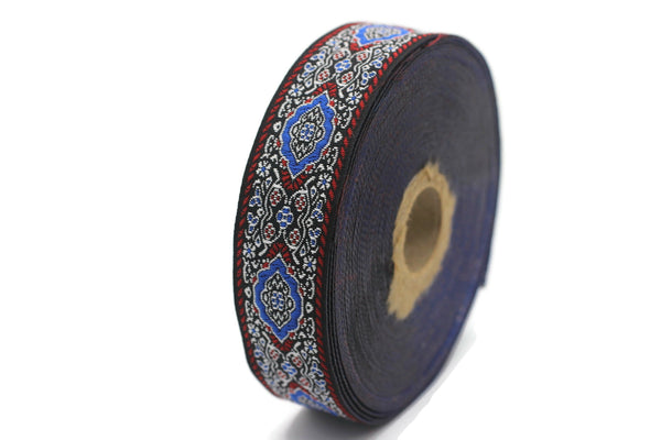 25 mm Blue Medieval Motive Woven Border (0.98 inches), jacquard ribbon, Embroidered ribbon, Sewing trim, Scroll Jacquard trim, 25589