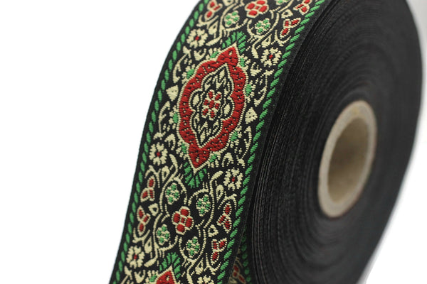 35 mm Green Medieval Motive Woven Border (1.37 inches), jacquard ribbon, Embroidered ribbon, Sewing trim, Scroll Jacquard trim, 35589