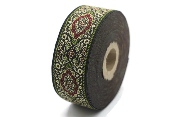35 mm Light Green Medieval Motive Woven Border (1.37 inches), jacquard ribbon, Embroidered ribbon, Sewing trim, Scroll Jacquard trim, 35589