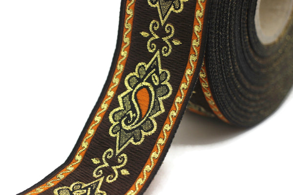 35 mm Orange medieval Motive ribbon (1.37 inches), renaissance trim, otantic ribbon, jacquard ribbons, fabric ribbon, vintage trim, 35907