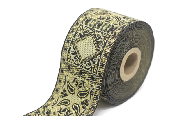 50 mm Yellow Geometric Jacquard trim (1.96 inches), vintage Ribbon, Decorative Craft Ribbon, Sewing, Jacquard ribbon, Trim, 50587