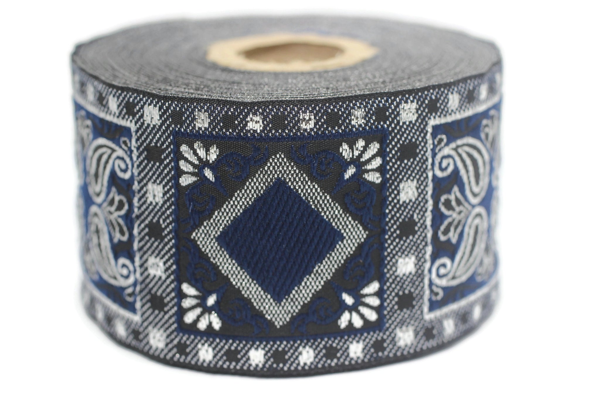 50 mm Blue/Silver Geometric Jacquard trim (1.96 inches), vintage Ribbon, Decorative Craft Ribbon, Sewing, Jacquard ribbon, Trim, 50587