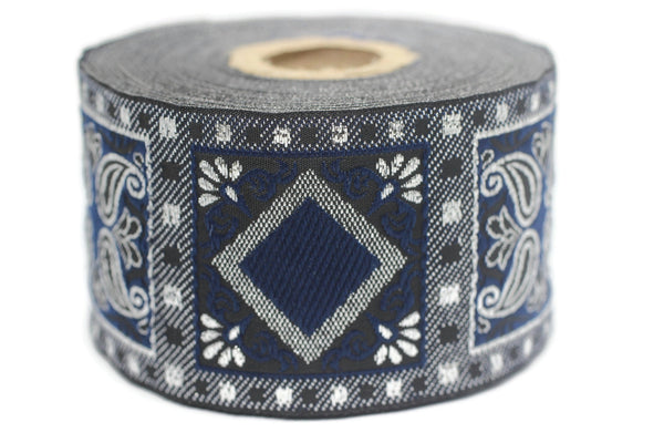 50 mm Blue/Silver Geometric Jacquard trim (1.96 inches), vintage Ribbon, Decorative Craft Ribbon, Sewing, Jacquard ribbon, Trim, 50587