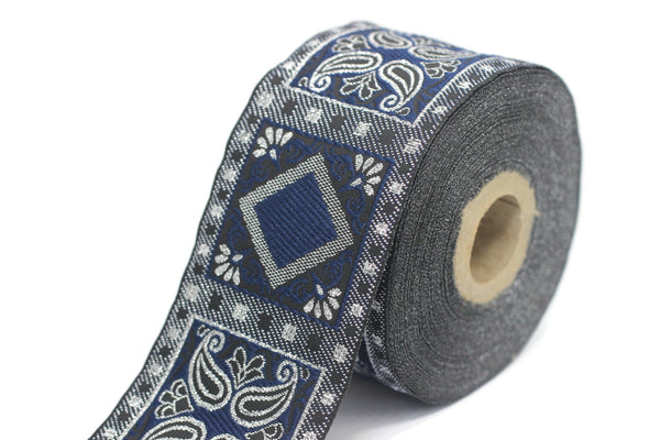 50 mm Blue/Silver Geometric Jacquard trim (1.96 inches), vintage Ribbon, Decorative Craft Ribbon, Sewing, Jacquard ribbon, Trim, 50587