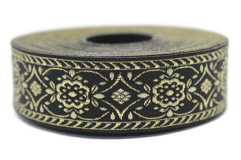 25 mm Black/yellow jacquard ribbons (0.98 inches), Vintage ribbon, geometric ribbon, dog collar supplies, ribbon trim, 25948