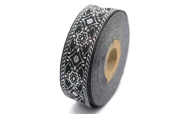 25 mm Black Silver jacquard ribbons (0.98 inches), Vintage ribbon, geometric ribbon, dog collar supplies, ribbon trim, 25948