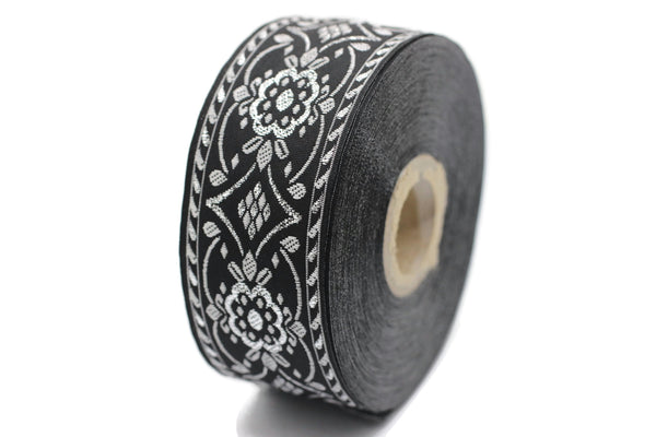 35 mm Black/Grey jacquard ribbon (1.37 inches), Vintage ribbon, geometric ribbon, dog collar supplies, ribbon trim, 35948