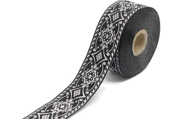 35 mm Black/Grey jacquard ribbon (1.37 inches), Vintage ribbon, geometric ribbon, dog collar supplies, ribbon trim, 35948