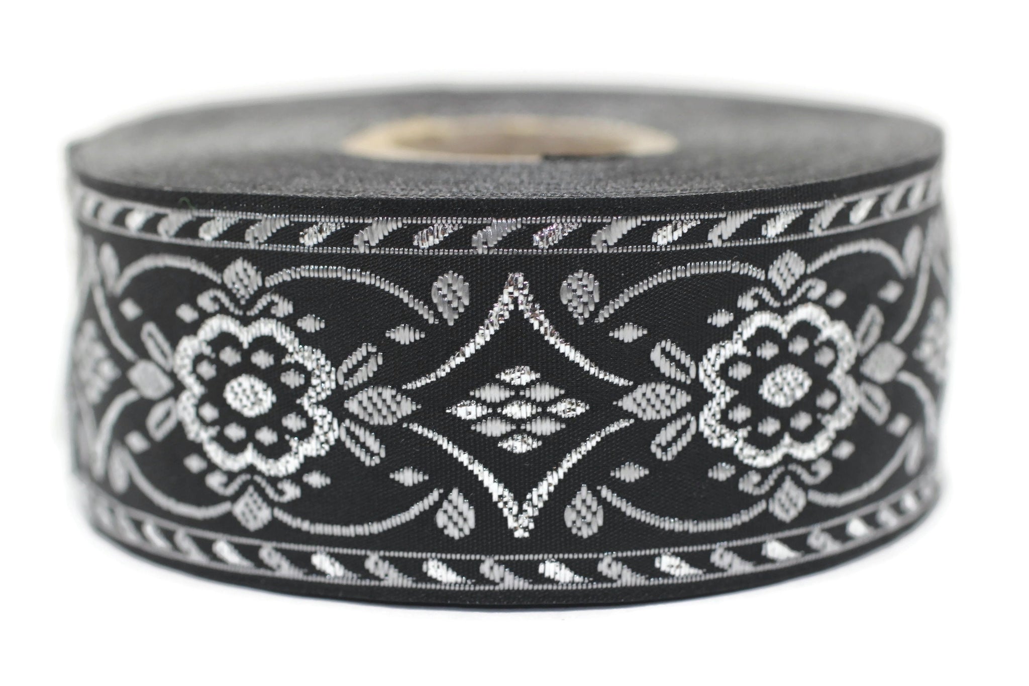 35 mm Black/Grey jacquard ribbon (1.37 inches), Vintage ribbon, geometric ribbon, dog collar supplies, ribbon trim, 35948