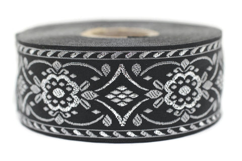 35 mm Black/Grey jacquard ribbon (1.37 inches), Vintage ribbon, geometric ribbon, dog collar supplies, ribbon trim, 35948