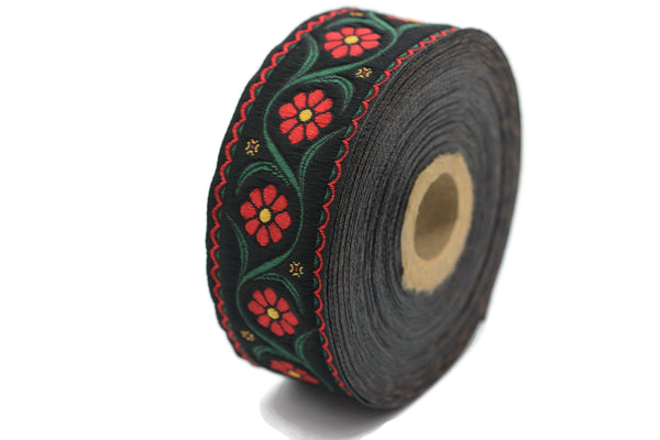 35 mm Red Floral Embroidered ribbon (1.37 inches), Vintage Jacquard, Floral ribbon, Floral trim, woven jacquard, jacquard ribbons, 35938