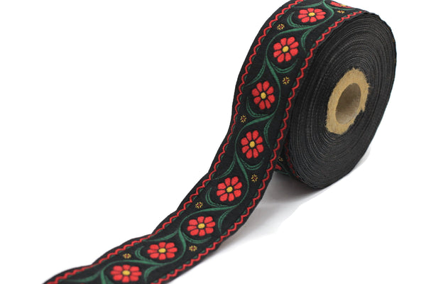 35 mm Red Floral Embroidered ribbon (1.37 inches), Vintage Jacquard, Floral ribbon, Floral trim, woven jacquard, jacquard ribbons, 35938