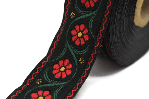 35 mm Red Floral Embroidered ribbon (1.37 inches), Vintage Jacquard, Floral ribbon, Floral trim, woven jacquard, jacquard ribbons, 35938
