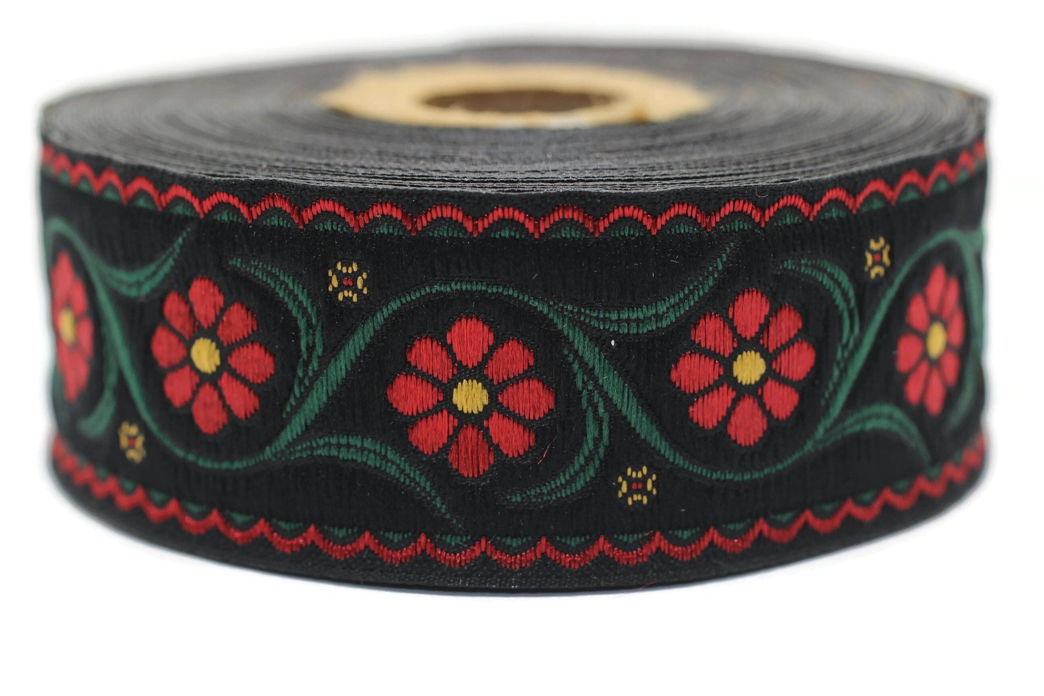 35 mm Red Floral Embroidered ribbon (1.37 inches), Vintage Jacquard, Floral ribbon, Floral trim, woven jacquard, jacquard ribbons, 35938