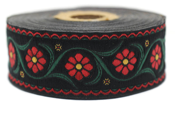 35 mm Red Floral Embroidered ribbon (1.37 inches), Vintage Jacquard, Floral ribbon, Floral trim, woven jacquard, jacquard ribbons, 35938