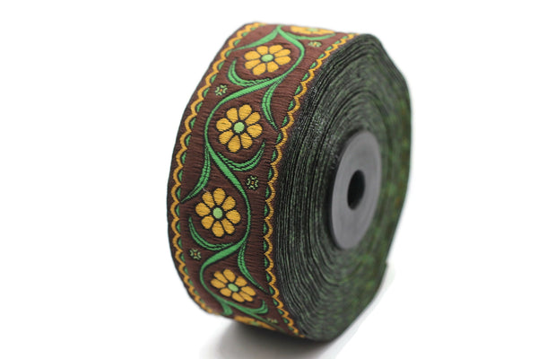 35 mm Brown Floral Embroidered ribbon (1.37 inches), Vintage Jacquard, Floral ribbon, Floral trim, woven jacquard, jacquard ribbons, 35938