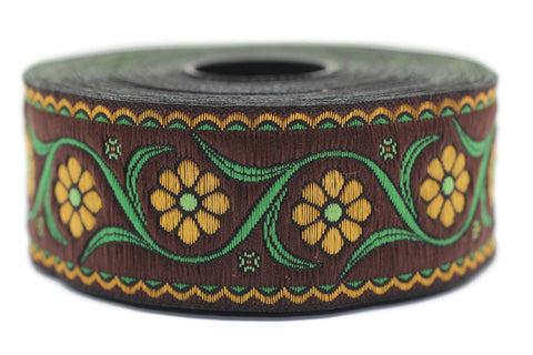 35 mm Brown Floral Embroidered ribbon (1.37 inches), Vintage Jacquard, Floral ribbon, Floral trim, woven jacquard, jacquard ribbons, 35938