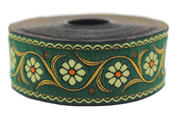 35 mm Green Daisy Blossom ribbon (1.37 inches), Vintage Jacquard, Floral ribbon, Floral trim, woven jacquard, jacquard ribbons, 35938