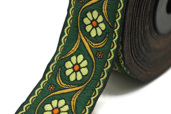35 mm Green Daisy Blossom ribbon (1.37 inches), Vintage Jacquard, Floral ribbon, Floral trim, woven jacquard, jacquard ribbons, 35938