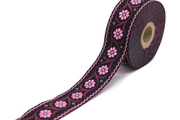 35 mm Pink Daisy Blossom ribbon (1.37 inches), Vintage Jacquard, Floral ribbon, Floral trim, woven jacquard, jacquard ribbons, 35938