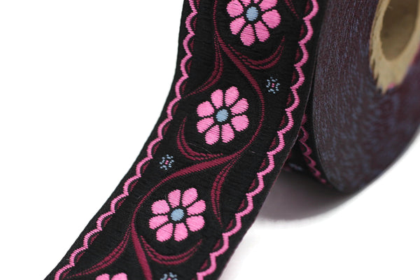 35 mm Pink Daisy Blossom ribbon (1.37 inches), Vintage Jacquard, Floral ribbon, Floral trim, woven jacquard, jacquard ribbons, 35938