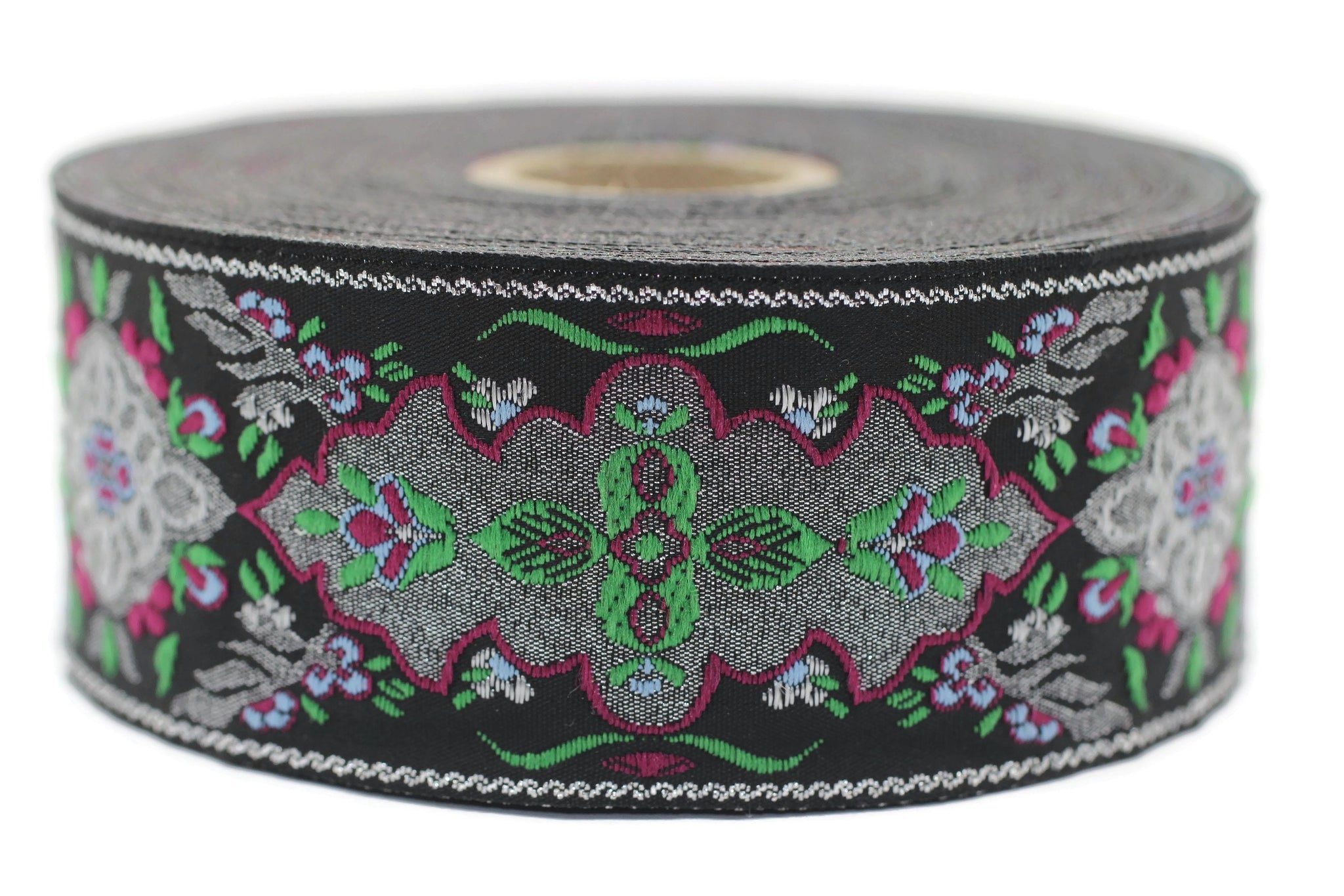 40 mm Green / Black European motive Jacquard trim 1.57 inches, vintage Ribbon, Decorative Craft Ribbon, ribbon, vintage Ribbon, Trim, 40591