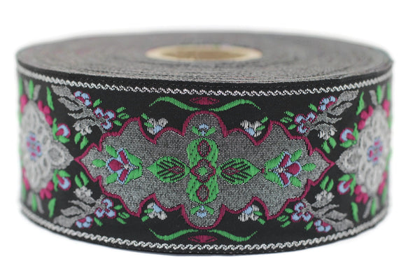 40 mm Green / Black European motive Jacquard trim 1.57 inches, vintage Ribbon, Decorative Craft Ribbon, ribbon, vintage Ribbon, Trim, 40591