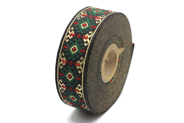 25 mm Green/gold Snowy Jacquard trim (0.98 inches), vintage Ribbon, Decorative Craft Ribbon, Sewing, Jacquard ribbon, Trim, ribbon, 25953