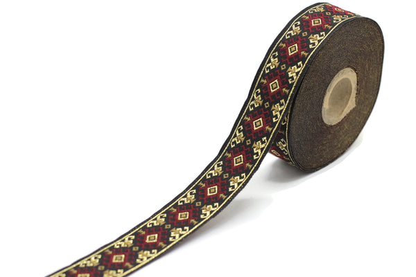 25 mm Red/gold Snowy Jacquard trim (0.98 inches), vintage Ribbon, Decorative Craft Ribbon, Sewing, Jacquard ribbon, costume trim, 25953
